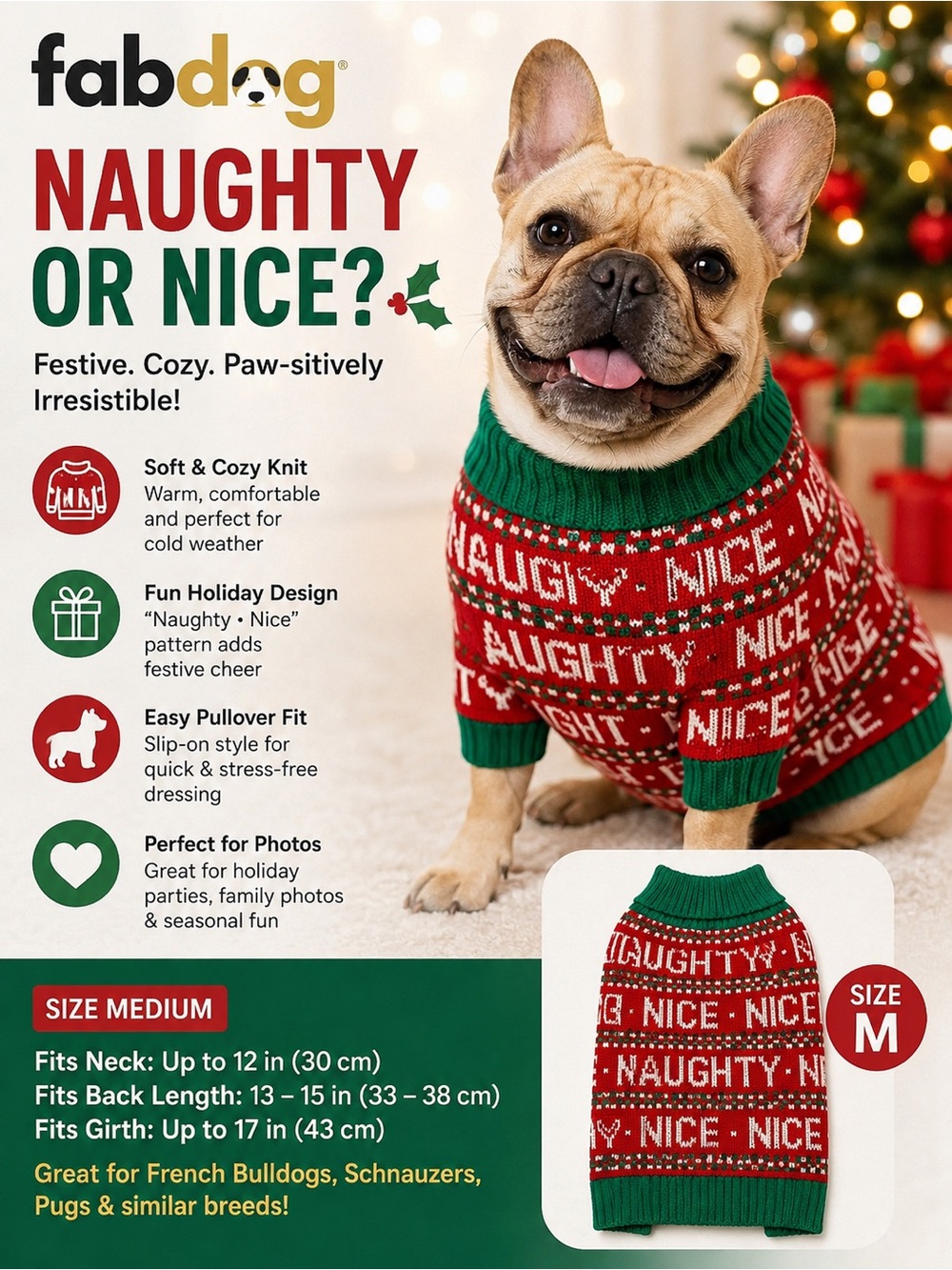 fabdog Naughty or Nice Red & Green Holiday Dog Sweater, Medium